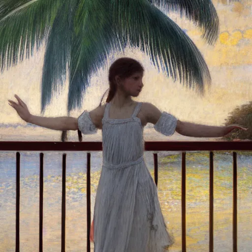 Image similar to a ultradetailed beautiful painting of a girl in the amazonas palace balustrade designed by jules bastien - lepage, hans belmer, frank weston and gustave baumann, beach, trending on artstation, mediterranean, palm trees, refracted color sparkles, sharp focus, soft light, 8 k 4 k