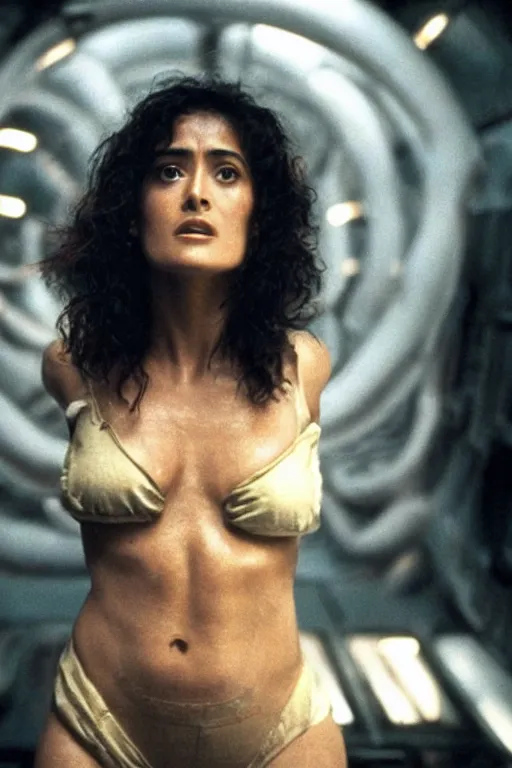 Image similar to film still of salma hayek in the movie Alien, captured in a creamy alien substance, scary, cinematic shot, 4k.