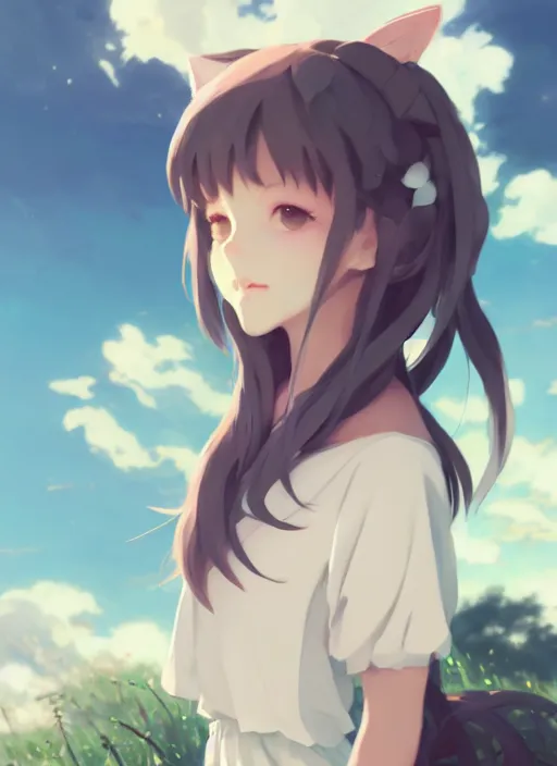 Image similar to portrait of cute catgirl, cloudy sky background lush landscape illustration concept art anime key visual trending pixiv fanbox by wlop and greg rutkowski and makoto shinkai and studio ghibli