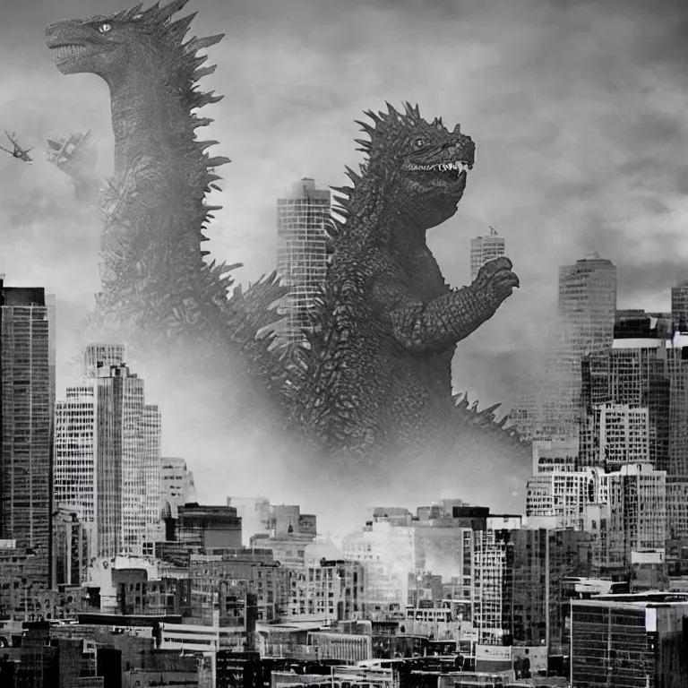 Image similar to hyperrealistic photo of Godzilla terrorizing downtown Omaha