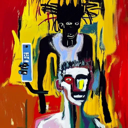 Image similar to Digital art, Oil on canvas, jean-Michel Basquiat style of A mirror selfie of a black handsome muscular man with white angel wings and black devil horns holding an iPhone, pitchfork, full body, pink background, abstract jean-Michel Basquiat!!!!!!!! oil painting with thick paint strokes!!!!!!!!, oil on canvas, aesthetic, y2k!!!!!!, intricately!!!!!!!! detailed artwork!!!!!!!, trending on artstation, in the style of jean-Michel Basquiat!!!!!!!!!!!!, by jean-Michel Basquiat!!!!!!!!!!!, in the style of jean-Michel Basquiat!!!!!!!!!!!, in the style of jean-Michel Basquiat!!!!!!!!!!!, in the style of jean-Michel Basquiat!!!!!!!!!!!, in the style of jean-Michel Basquiat!!!!!!!!!!!, in the style of jean-Michel Basquiat!!!!!!!!!!!, david choe