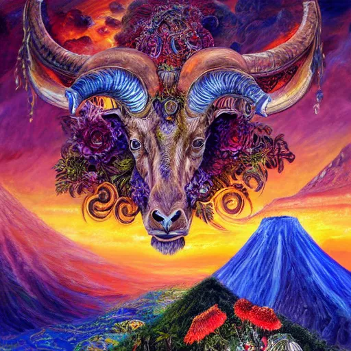 Prompt: painting by senior concept artist josephine wall, horned ram goddess checking her cell phone, erupting volcano and sunset in distance in background, flowers in foreground, zodiac, fantasy, acrylic on canvas, intricately detailed, highly detailed, high resolution, hd, hdr, 8 k, trending on artstation,