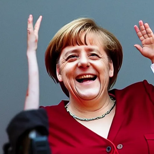 Prompt: angela merkel, laughing hysterically while doing the nazi salute, in the style of studio ghibli