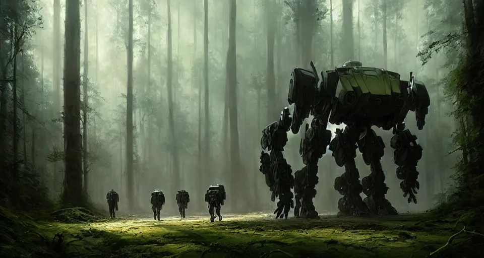 Image similar to hyper realistic sci - fi matte concept art painting of giant battlemech walking through a forest, beautiful details, strong composition painted by kim jung guweta studio rutkowski, james gurney and greg rutkowski, and lucasfilm, smooth, intricate, detailed, sharp focus, cinematic