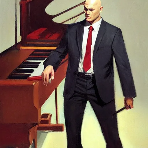 Prompt: agent 4 7 from hitman wearing headphones while playing a piano, by gregory manchess, james gurney, james jean