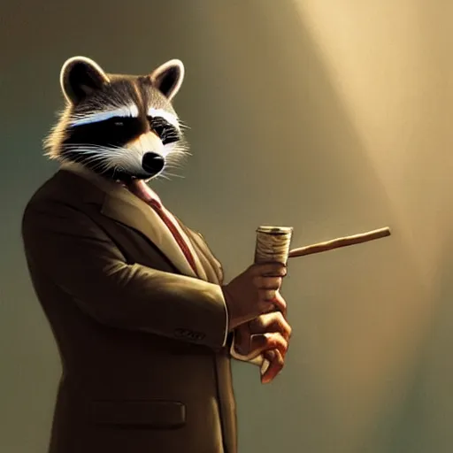 Image similar to a racoon wearing a suit smoking a cigar on his mouth, dramatic lighting, cinematic, establishing shot, extremly high detail, photorealistic, cinematic lighting, artstation, style by James Gurney