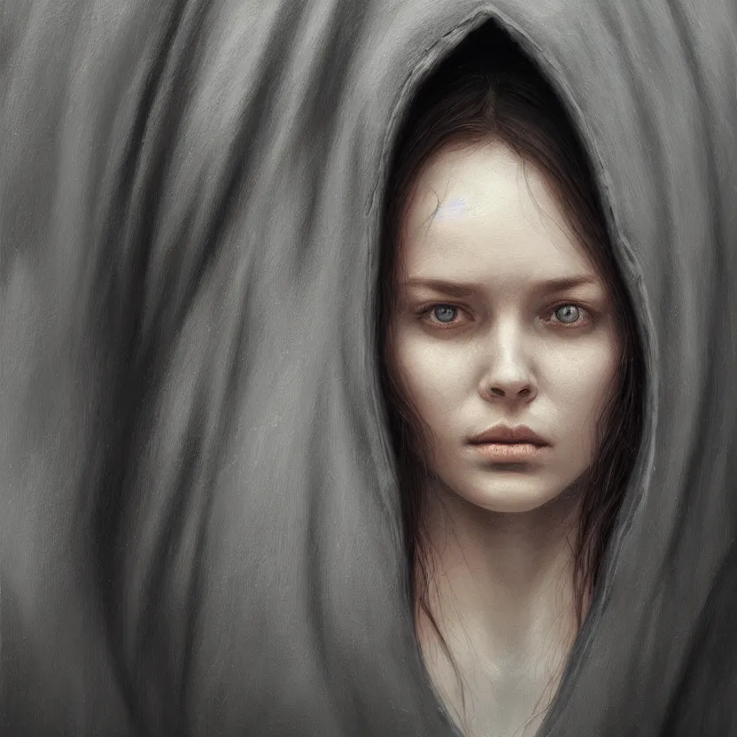 Image similar to Portrait of a young woman wearing a hooded robe, anatomically correct, perfect face, cinematic lighting, candid, intricate, elegant, highly detailed digital painting, trending on Artstation, concept art, smooth, sharp focus, illustration and art by Beksinski, by Simon Stalenhag