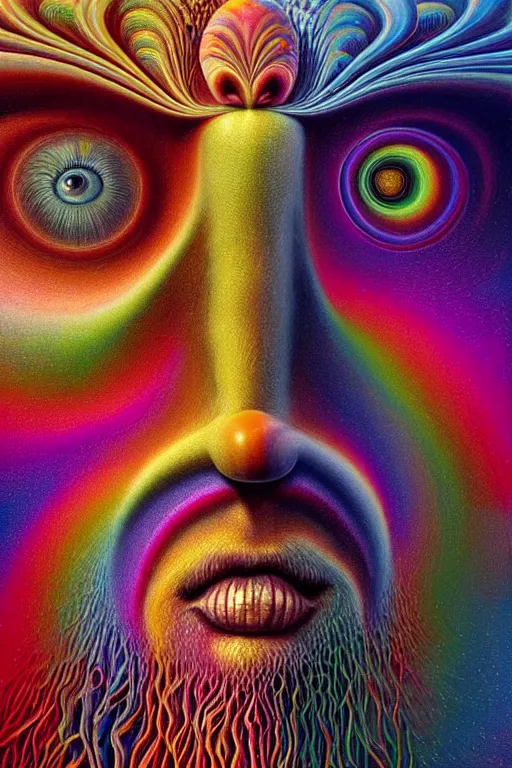 Image similar to hyperrealistic abstract close-up Renaissance psychedelic!! celestial happy! pure creature!! peaceful! kind spirit of nature! beautiful fractal!! eyes! highly detailed concept art eric zener elson peter cinematic hard rainbow lighting high angle hd 8k sharp shallow depth of field endless, inspired by Zdzisław Beksiński Salvador Dali