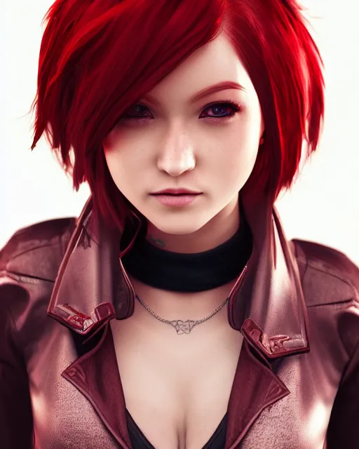 Image similar to a girl with short red hair, cool, vi from arcane, league of legends, fighter, cool red jacket, tattoo, beautiful, 3 d, potrait, art staion, studio light, closeup shot, octane render, wlop