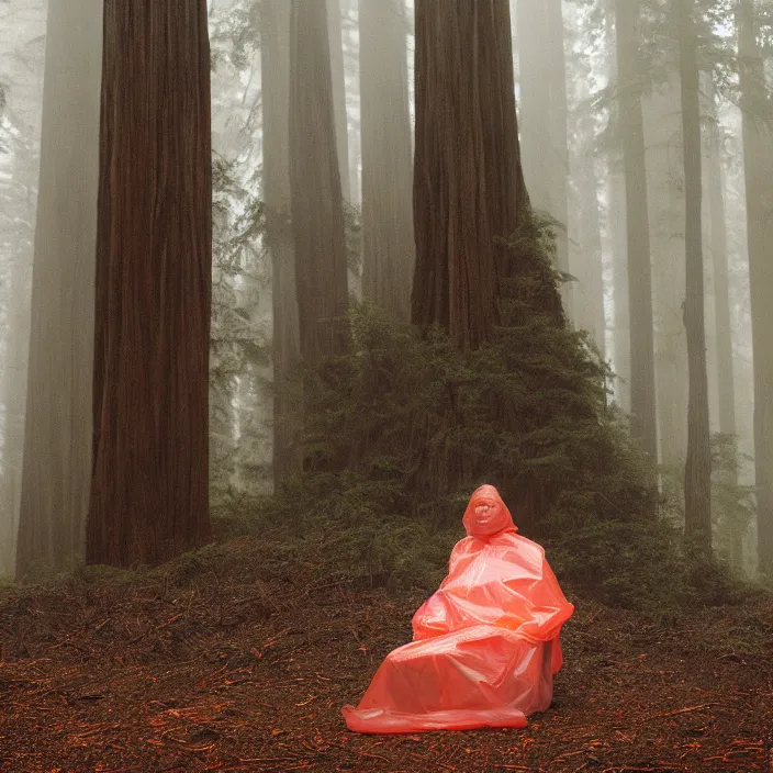 Image similar to a color photograph, closeup portrait of a woman wrapped in plastic, sitting in a plastic throne, in a foggy redwood forest, color photograph, by vincent desiderio, canon eos c 3 0 0, ƒ 1. 8, 3 5 mm, 8 k, medium - format print