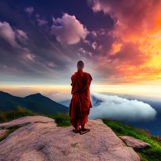 Prompt: a monk training on top of a mountain, fog, painting , sunset, beautiful, artsty