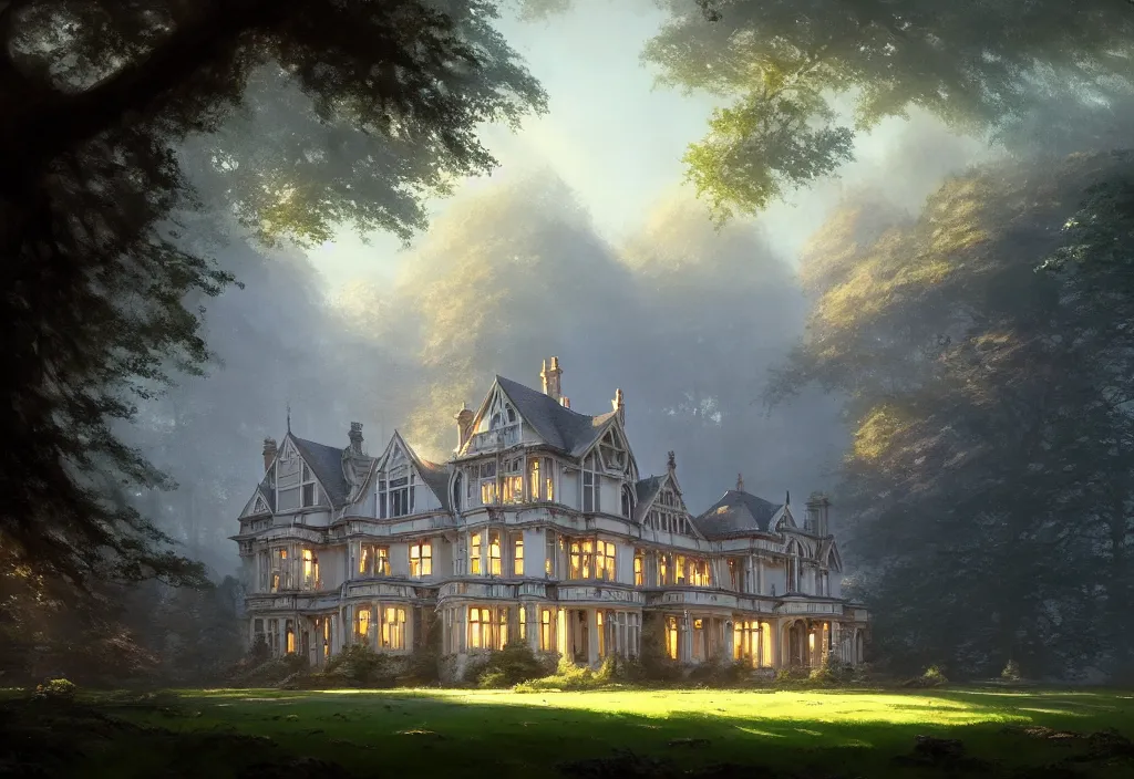 Prompt: a large victorian manor house surrounded by woodland, clear blue sky, cinematic view, concept art, high detail, well lit, volumetric, godrays, vivid, trending on artstation, by jordan grimmer, art greg rutkowski