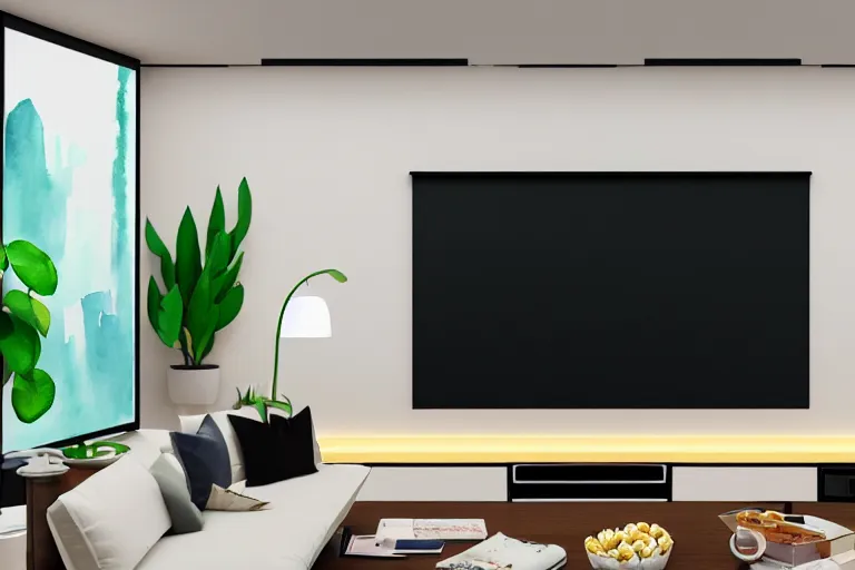 Image similar to very wide angle view, a modern home movie theater with big screen!!, stylish wall sconces lights, detailed art deco decoration!!, plants, popcorn machine, rough watercolor painting, trending on artstation