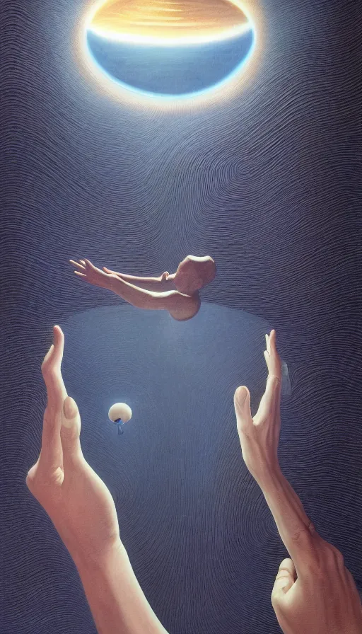 Image similar to a detailed portrait painting of a first-person view within a floating 3D VR hand interface (floating hologram levers and controls coating my fingers and extending my reach) (iOS hologram UI controls) by Jony Ive, Moebius, Roger Dean, intricate artwork by Caravaggio and James Turrell, 8K, sunrise atmospheric phenomena