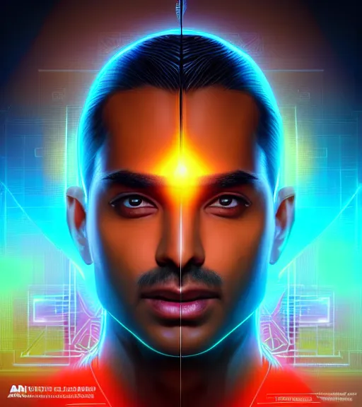 Image similar to symmetry!! indian prince of technology, solid cube of light, hard edges, product render retro - futuristic poster scifi, lasers and neon circuits, brown skin handsome indian prince, intricate, elegant, highly detailed, digital painting, artstation, concept art, smooth, sharp focus, illustration, dreamlike, art by artgerm