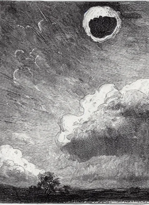 Image similar to day sky, sun prominently in the center, surrounded by clouds, landscape, illustrated by peggy fortnum and beatrix potter and sir john tenniel