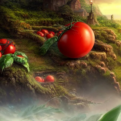 Image similar to a beautiful matte painting of a very beautiful tomato in a fantasy landscape, by steve argyle and mark arian