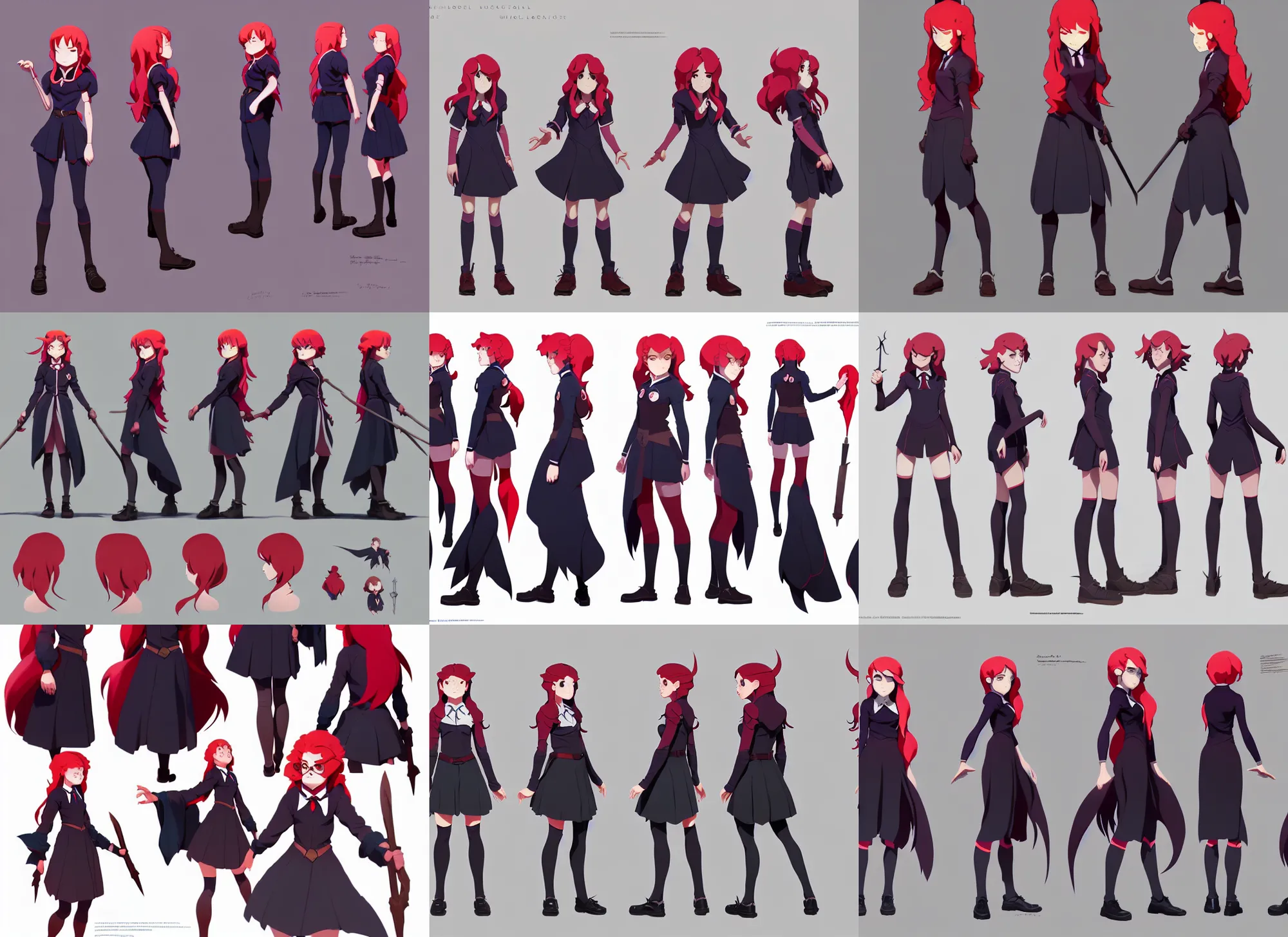 Prompt: character model sheet of attractive female student witch by greg rutkowski, witch academia, model magic school uniform, glowing red hair color, by studio ghibli and ross tran, digital art, trending on artstation, highly detailed, concept art, beautiful, masterpiece