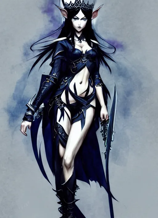 Image similar to Full body portrait of a beautiful elven queen with menacing look with long black hair wearing black and dark blue attire, silver crown. In style of Yoji Shinkawa and Hyung-tae Kim, trending on ArtStation, dark fantasy, great composition, concept art, highly detailed, dynamic pose.