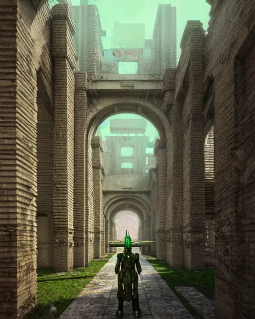 Image similar to hyperrealistic 3d render highly detailed baroque mecha iridescent pink brutalist city ruins background concept art unreal engine!! santiago caruso de chirico sharp very dramatic green light 8k low angle shallow depth of field