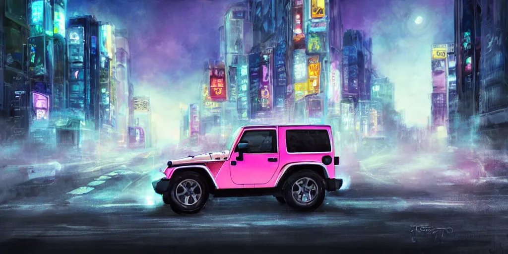 Prompt: lonely itasha 1997 hardtop Jeep Wrangler off road, digital painting, beautiful iridescent fog swallows urban Shibuya, planets can be seen in the sky above, beautiful, neon night, cinematic, extraordinary, colorful, photorealistic, ultra realistic, lights and shadows, beautiful reflections, smooth