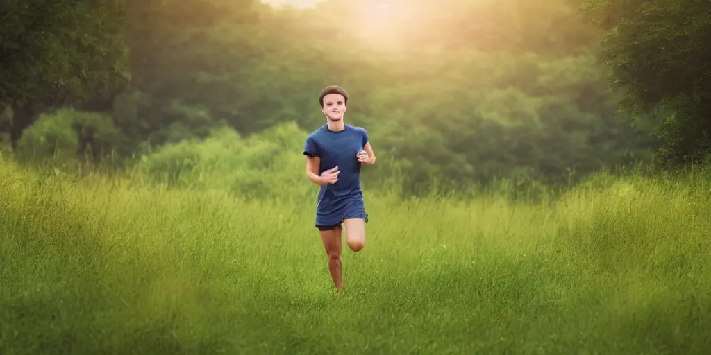 Image similar to A young man running through a lush green countryside, with the sun setting over the sea, trending on artstation, 4k, soft focus