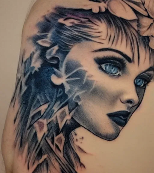 Image similar to tattoo design sketch of a beautiful blue - eyed woman face with a faded background of beautiful mountains and nature on her side, hyper - realistic, in the style of den yakovlev, amazing detail, black and white