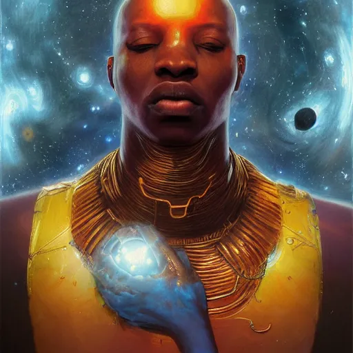 Image similar to an african!! cosmic god bending space time, watchmen, dim light, bloom, front game card, marvel comics, dark, intricate, highly detailed, smooth, artstation, digital illustration by ruan jia and mandy jurgens and artgerm and wayne barlowe and greg rutkowski and zdislaw beksinski, and adi granov