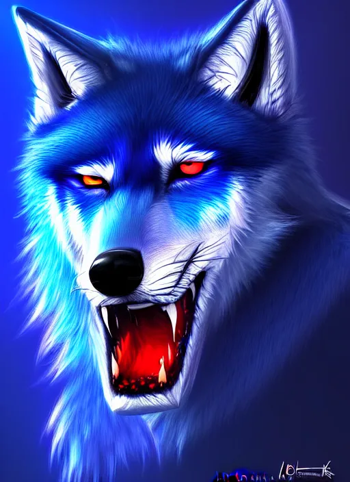 Image similar to blue wolf with red eyes, blue fur highly detailed, deep focus, digital painting, smooth, sharp focus, anime art style, trending on artstation, 4 k