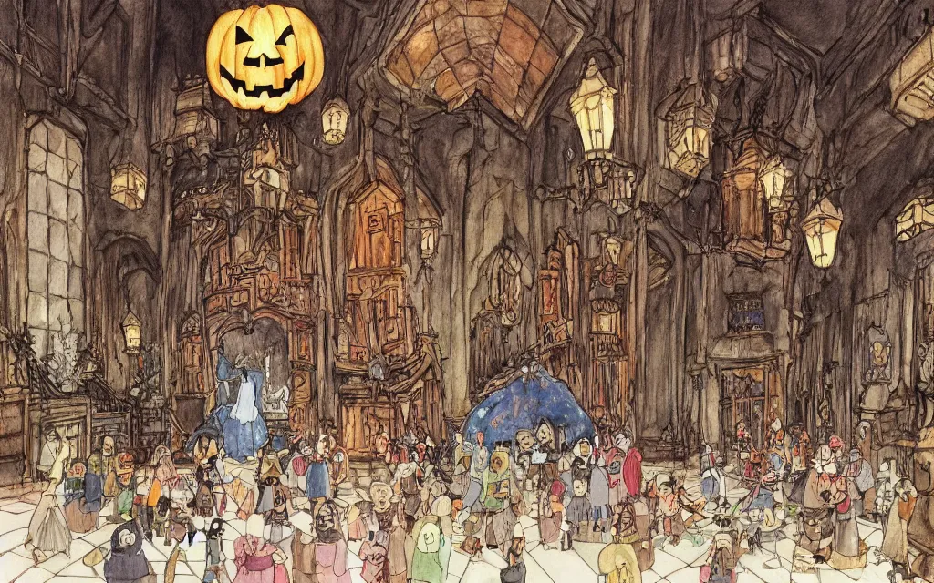 Image similar to interior, a large hall in the castle decorated for halloween drawn by hayao miyazaki, watercolor illustration for a book