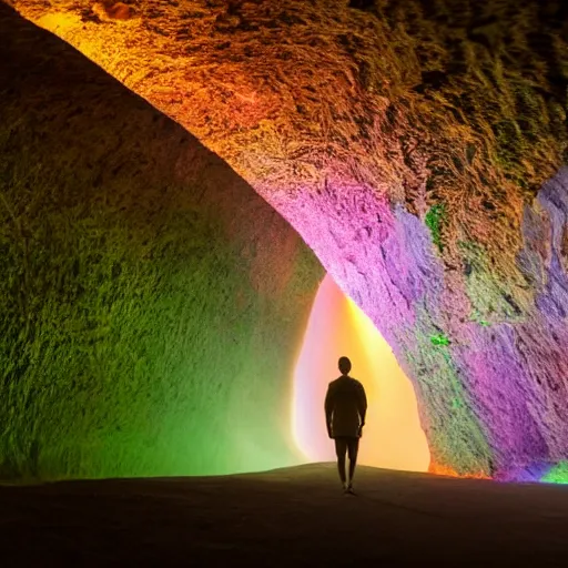 Prompt: a man in the cave going towards rainbow forest,glowing, 8k ,realistic