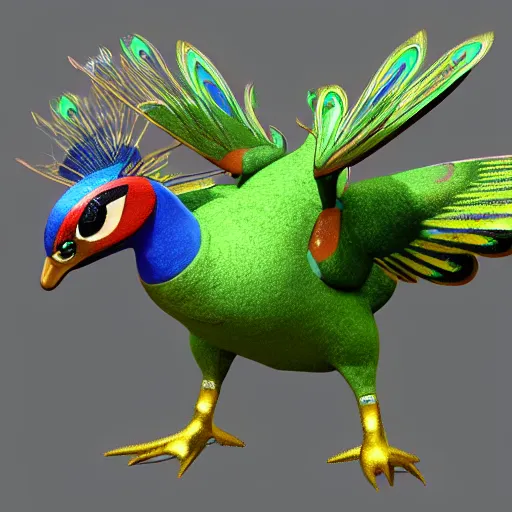 Prompt: 3 d render of a peacock based pokemon, terrifying, cringe, aggresive