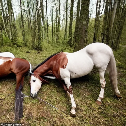 Image similar to two badly hurt horses with some arrows on their body, lying on the woods path, dense thickets on each side, photo, 8 k