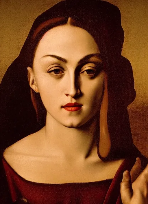 Prompt: portrait of madonna in a golden hour lighting, painted by the caravaggio, 8 k extremely realistic and highly detailed