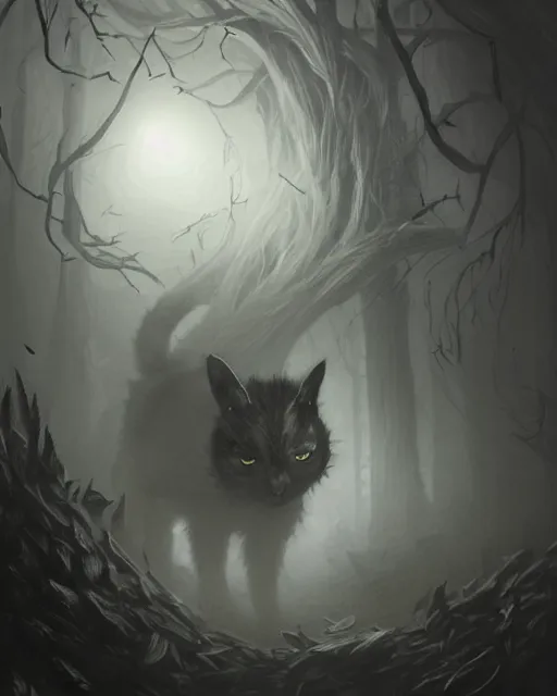 Image similar to Cat made out of shadows and fog, sneaking, portrait, dark fur, glowing eyes, horror, magic the gathering artwork, D&D, fantasy, cinematic lighting, centered, symmetrical, highly detailed, digital painting, artstation, concept art, smooth, sharp focus, illustration, volumetric lighting, epic Composition, 8k, art by Akihiko Yoshida and Greg Rutkowski and Craig Mullins, oil painting, cgsociety