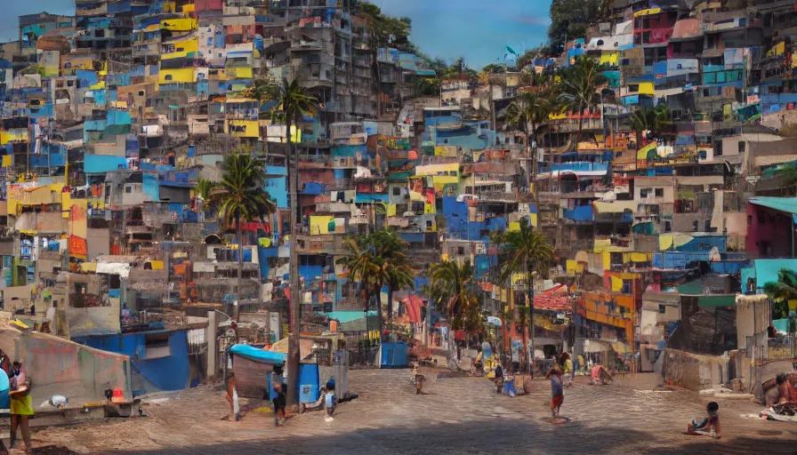 Image similar to favelas in rio, music dancing, locals, nightlife, hustlers and street - walkers, beach ocean fun octane render unreal 5, by piet mondrian