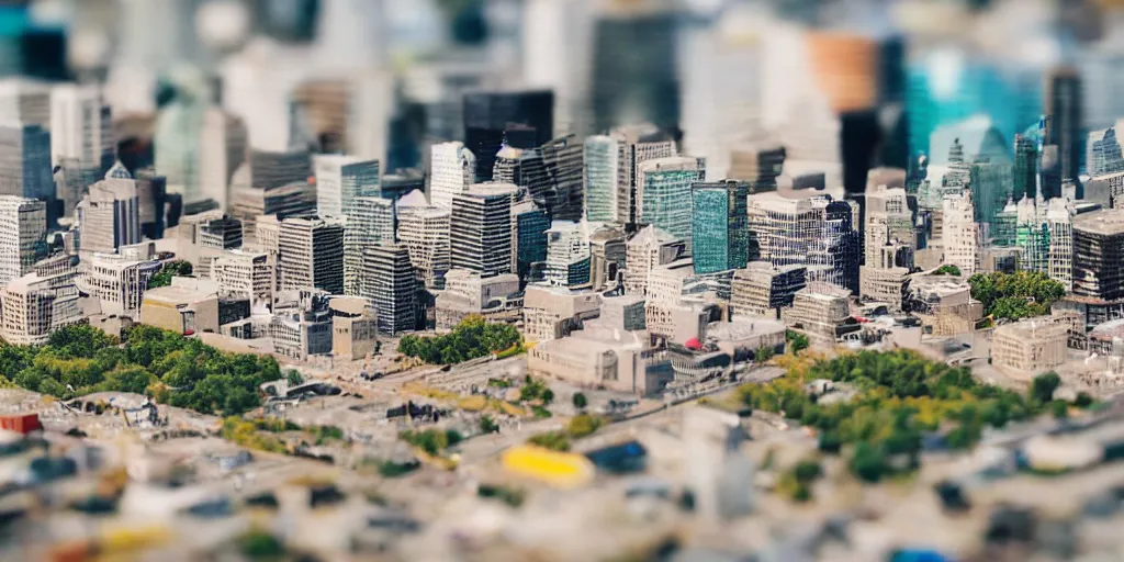 Image similar to a miniature diorama of downtown montreal, macro photography, tilt shift