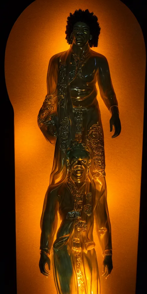 Image similar to detailed photo of a jade translucent statue of most a jimi hendrix, full body portrait, glowing in the dark, photorealism, intricate detail, museum diffuse lighting