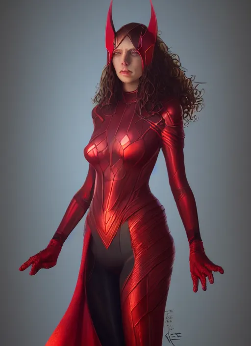 Image similar to Scarlet Witch, full body portrait, hyper detailed, digital art, trending in artstation, cinematic lighting, studio quality, smooth render, unreal engine 5 rendered, octane rendered, art style by klimt and nixeu and ian sprigger and wlop and krenz cushart