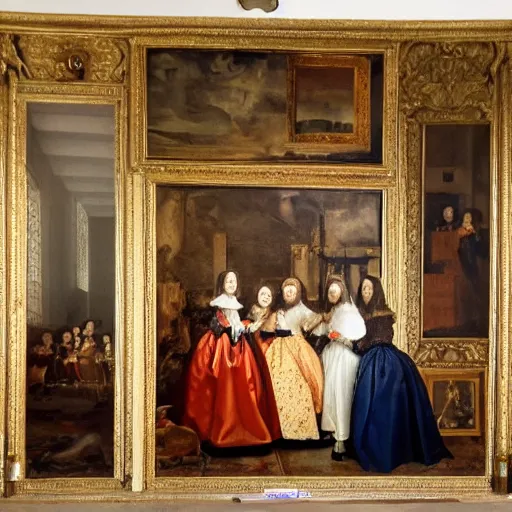 Image similar to oil canva family portrait in the main room of the castle painted in 1 6 5 6 inspired by las meninas, spaces between subjects and good detail and realistic faces by diego velasquez better quiality