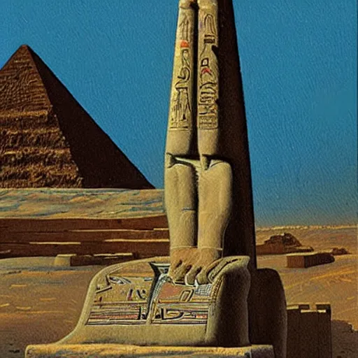 Image similar to a painting of an ancient egyptian temple in the shape of a cute cat by moebius