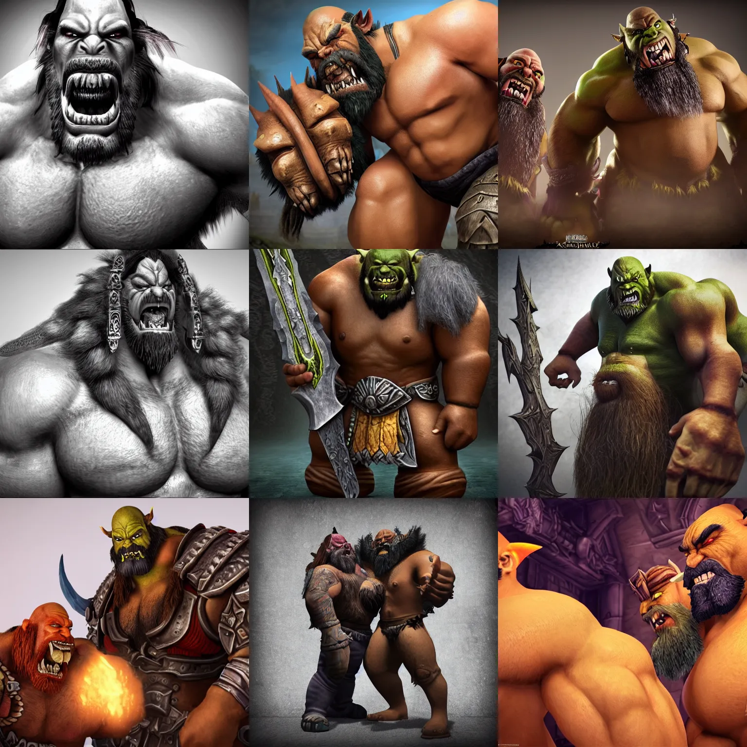 Prompt: warcraft orcs, bearded, hairy, powerfully built, kissing each other, 3 d render, epic, wholesome