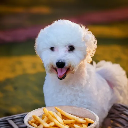 Prompt: a photorealistic photograph of a smiling white bichon puppy eating basket of french fries during sunset at the beach Trending on Artstation, featured on Behance, well-rendered, Unreal Engine, 4K HD