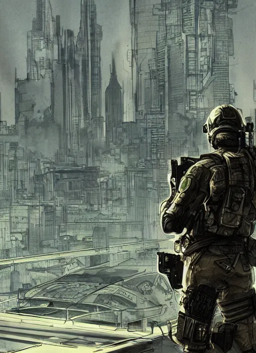 Prompt: Hector. USN blackops operator looking at city skyline. Agent wearing Futuristic stealth suit. rb6s, MGS, and splinter cell Concept art by James Gurney, Alphonso Mucha.