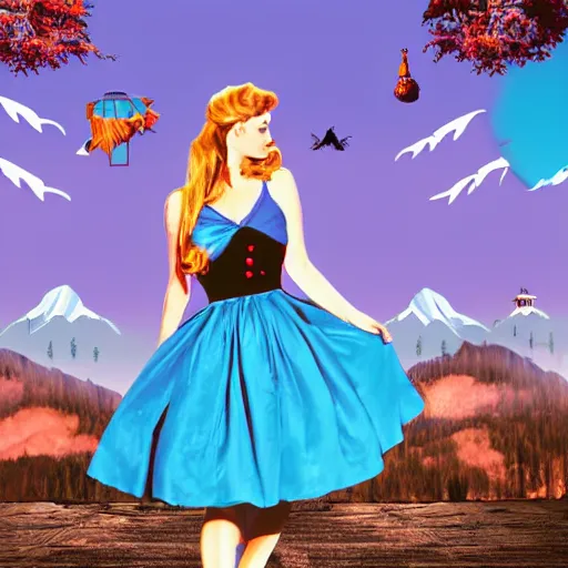 Image similar to giant alice in wonderland, pin up, houses, trees, mountains, woman, city, digital art, photo, blue dress, collage