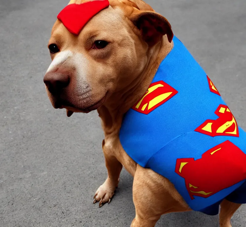 Image similar to pitbull dog wearing superman suit, hyperrealistic, 8 k resolution, well designed