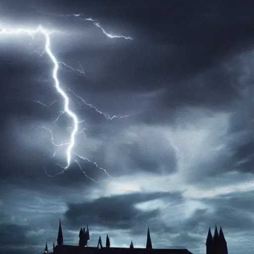 Prompt: “ the last battle of voldemort and harry potter, scenic, scary, 4 k, lightning in sky ”