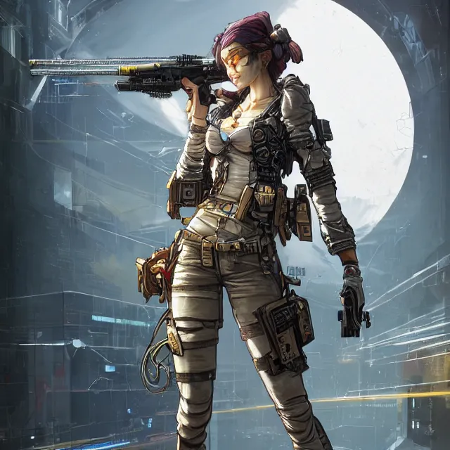 Image similar to the portrait of lawful neutral female cyberpunk infantry sniper as absurdly beautiful, gorgeous, elegant, young woman looking up, an ultrafine hyperdetailed illustration by kim jung gi, irakli nadar, intricate linework, bright colors, octopath traveler, final fantasy, unreal engine 5 highly rendered, global illumination, radiant light, detailed and intricate environment