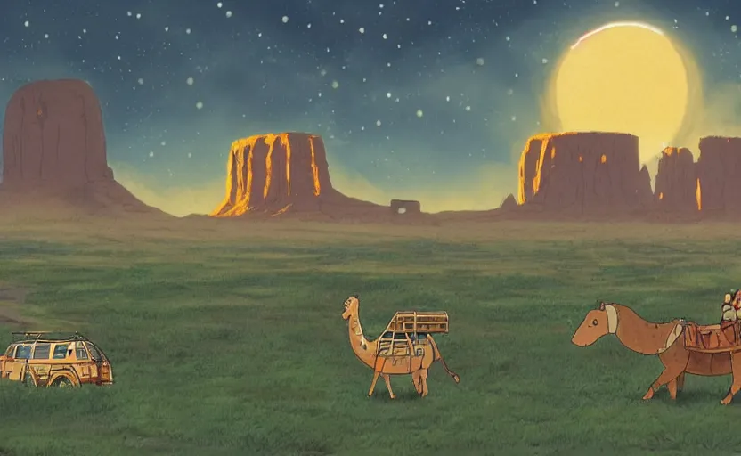 Image similar to a realistic cell - shaded studio ghibli concept art from paprika ( 2 0 0 6 ) of a cubic multi - colored rocketship from close encounters of the third kind ( 1 9 7 7 ) in a flooded monument valley stonehenge jungle jungle on a misty starry night. a camel caravan is in the foreground. very dull colors, portal, hd, 4 k, hq