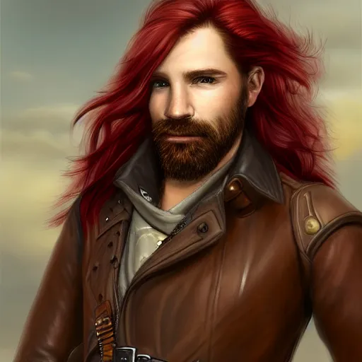 Image similar to portrait of a rugged!!!! male captain with long red hair!!!!!!, upper body, flowing hair, ethereal, handsome, leather coat, Steampunk zeppelin!!!!!!!, D&D, fantasy, simple clothing!!!!, elegant, highly detailed, digital painting, deviantart, artstation, concept art, sharp focus, illustration, art by Artgerm and Greg Rutkowski and Alphonse Mucha